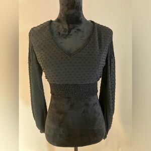 FANCO Black Crop Top Puffed Sleeve Size L Bohemian Cottagecore Summer Top